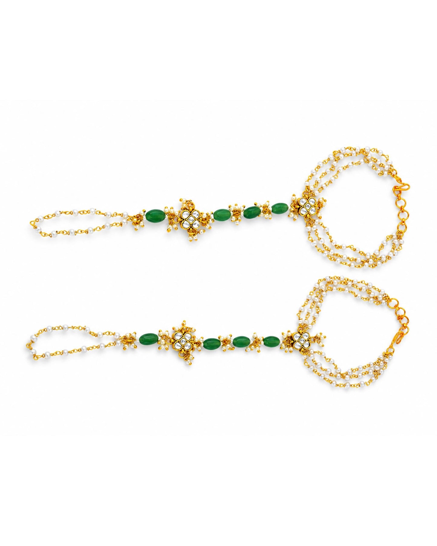 Kundan Pearl Hathphool with Green Beads, Bridal Hand Harness Jewelry, Wedding Hand Chain, Hand Bracelet for Women, Ethnic Bridal Jewelry
