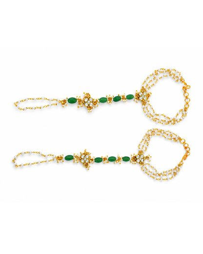 Kundan Pearl Hathphool with Green Beads, Bridal Hand Harness Jewelry, Wedding Hand Chain, Hand Bracelet for Women, Ethnic Bridal Jewelry