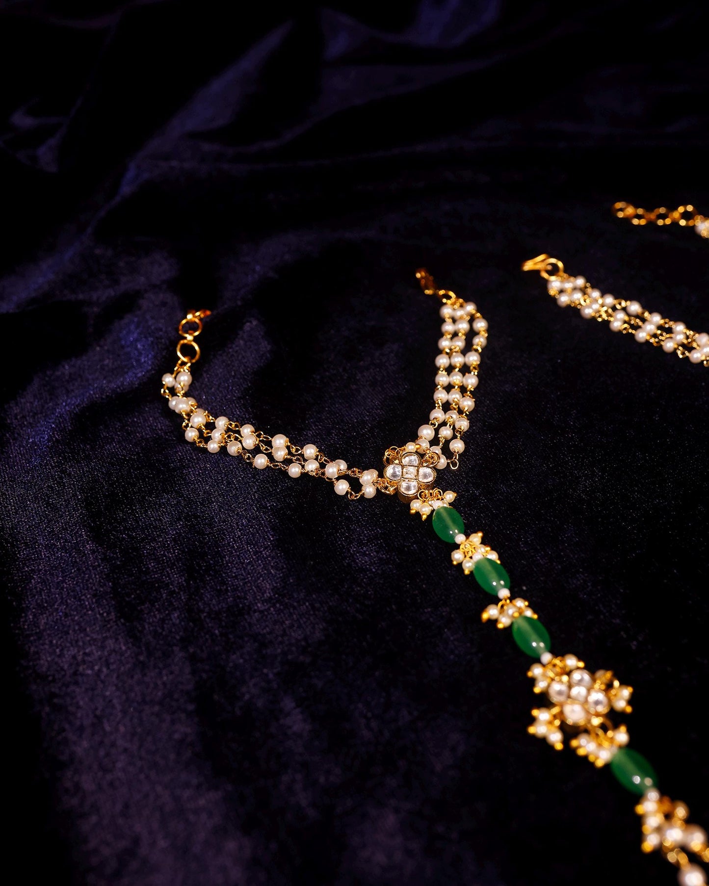 Kundan Pearl Hathphool with Green Beads, Bridal Hand Harness Jewelry, Wedding Hand Chain, Hand Bracelet for Women, Ethnic Bridal Jewelry