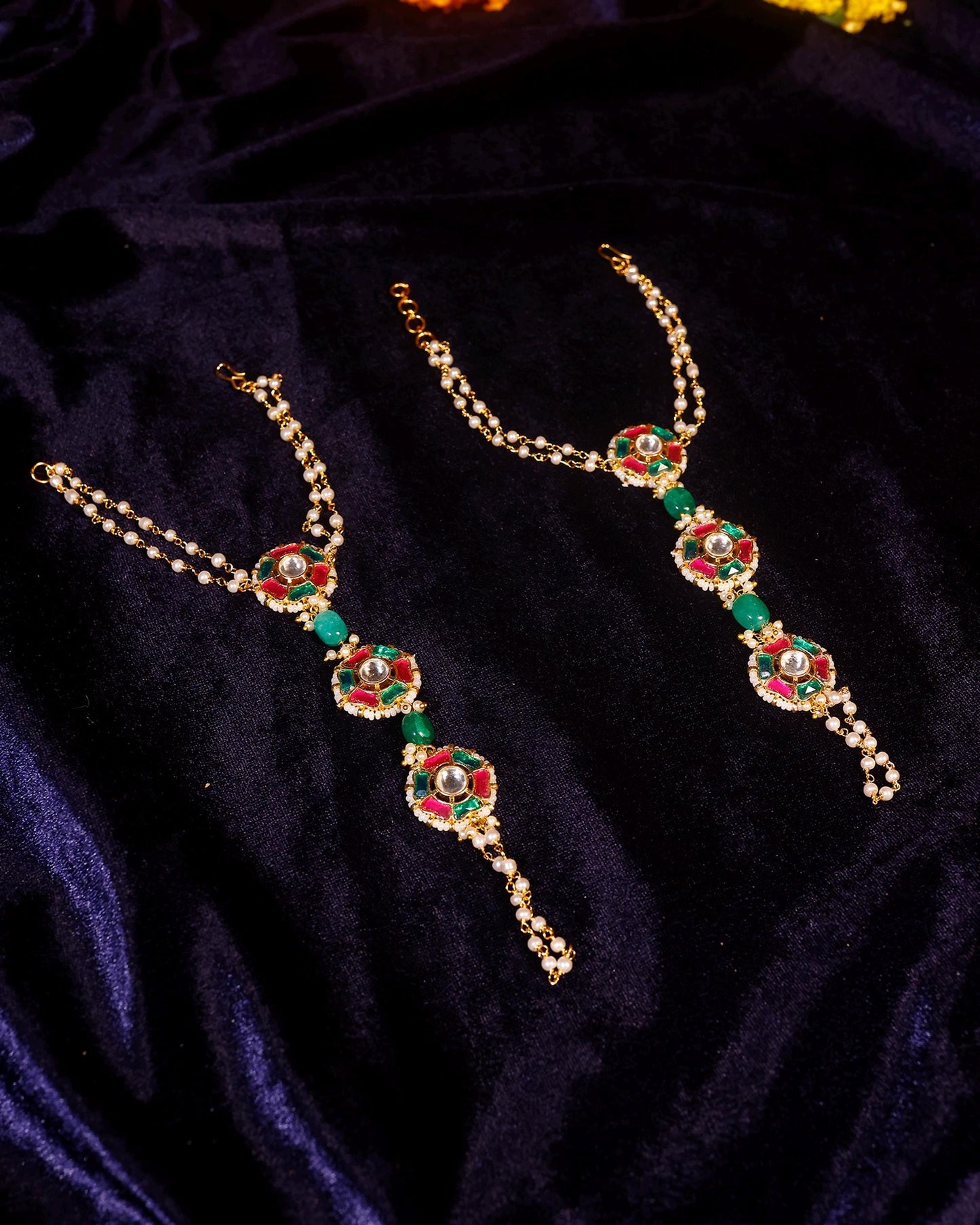 Kundan Pearl Hathphool Hand Harness with Red Green Stones, Bridal Hand Chain, Boho Wedding Hand Jewelry, Gold Hand Bracelet for Women