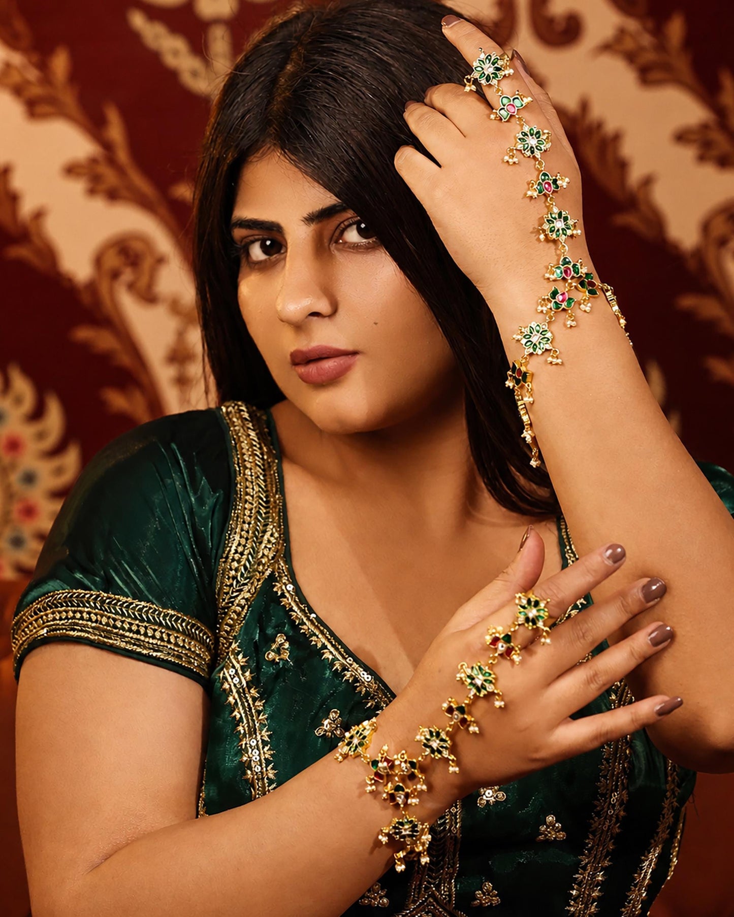 Kundan Pearl Hathphool Bridal Hand Harness, Green Red Polki Hand Jewelry, Indian Wedding Bracelet Ring, Statement Mehndi Jewelry