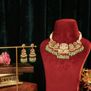 Floral Jadau Kundan Choker Necklace Set with Beads & Multi-Strand Pearls (TGJ-04)