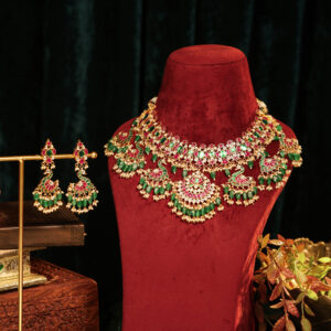 Gold Plated Jadau Kundan Peacock Necklace Set with Green Beads & Matching Earrings (TGJ-2005)