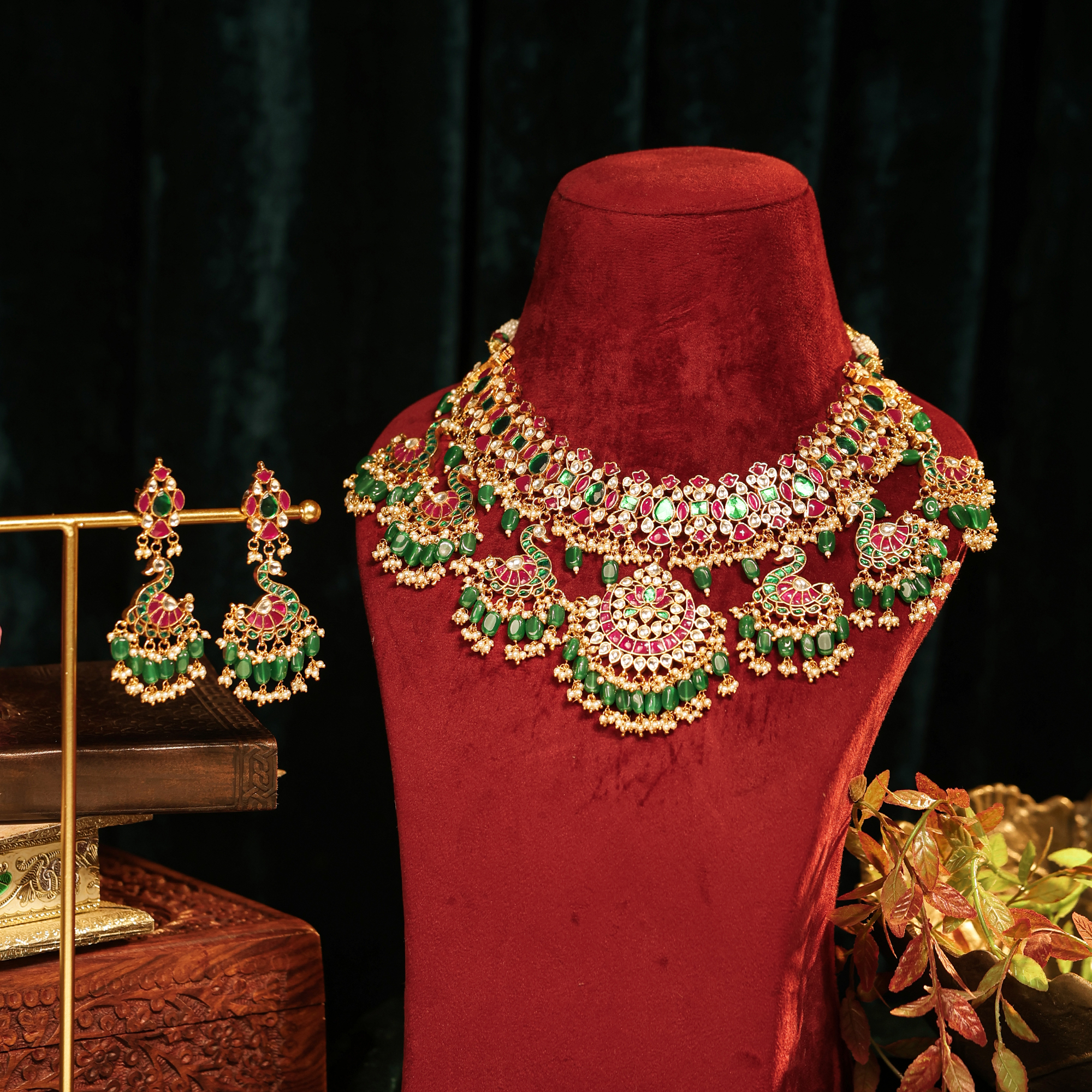Gold Plated Jadau Kundan Peacock Necklace Set with Green Beads & Matching Earrings (TGJ-2005)