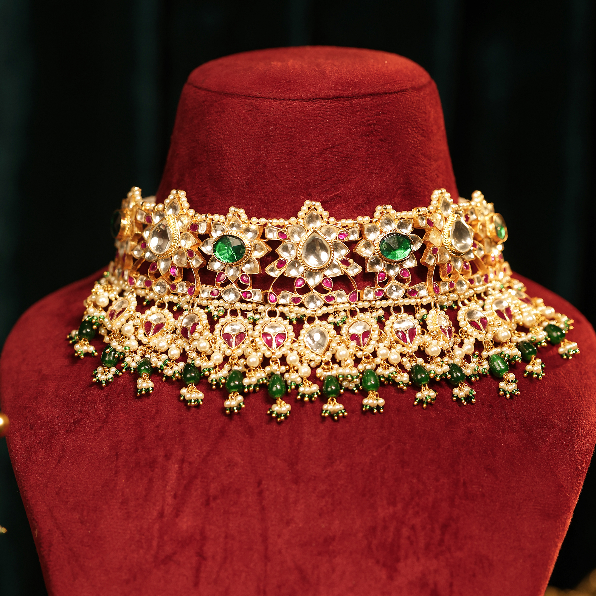 18K Gold Plated Jadau Kundan Bridal Choker Necklace with Green Drops & Earrings (TGJ-2007)