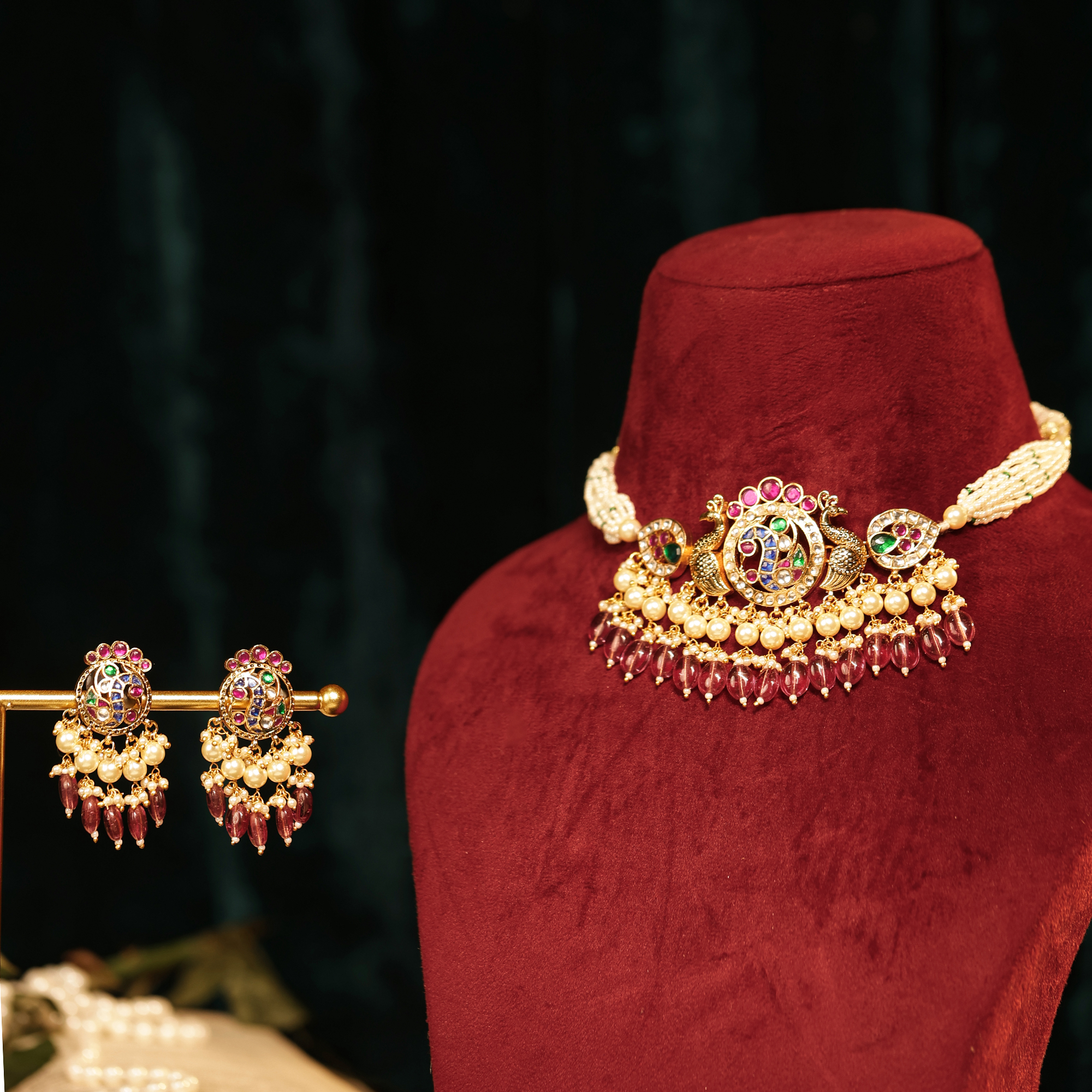 Multi-Colour Gold Plated Jadau Kundan Peacock Motif Choker Necklace Set with Pearls & Pink Beads (TGJ-2001)