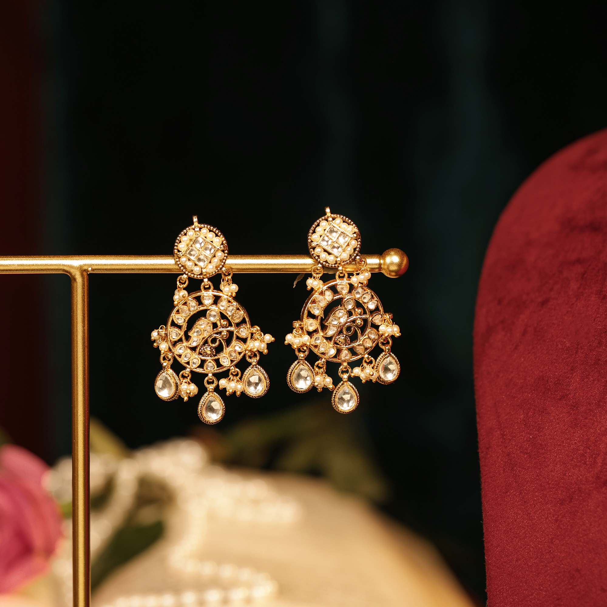 Gold Plated Jadau Kundan Circular Peacock Motif Choker Necklace Set with Pearls (TGJ-2002) - Image 4