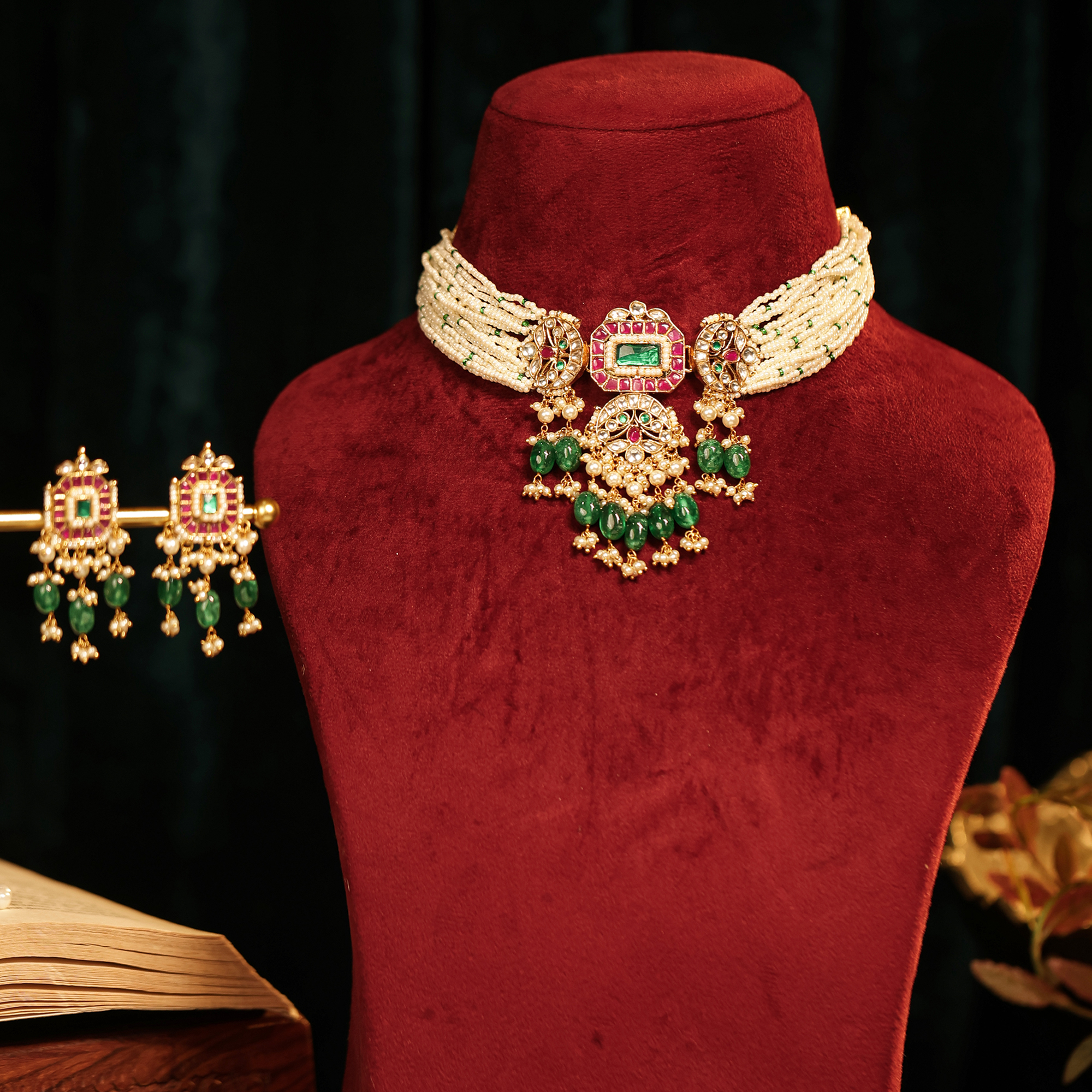 Traditional Jadau Kundan Multi-Strand Choker Necklace with Earrings (TGJ-2009)