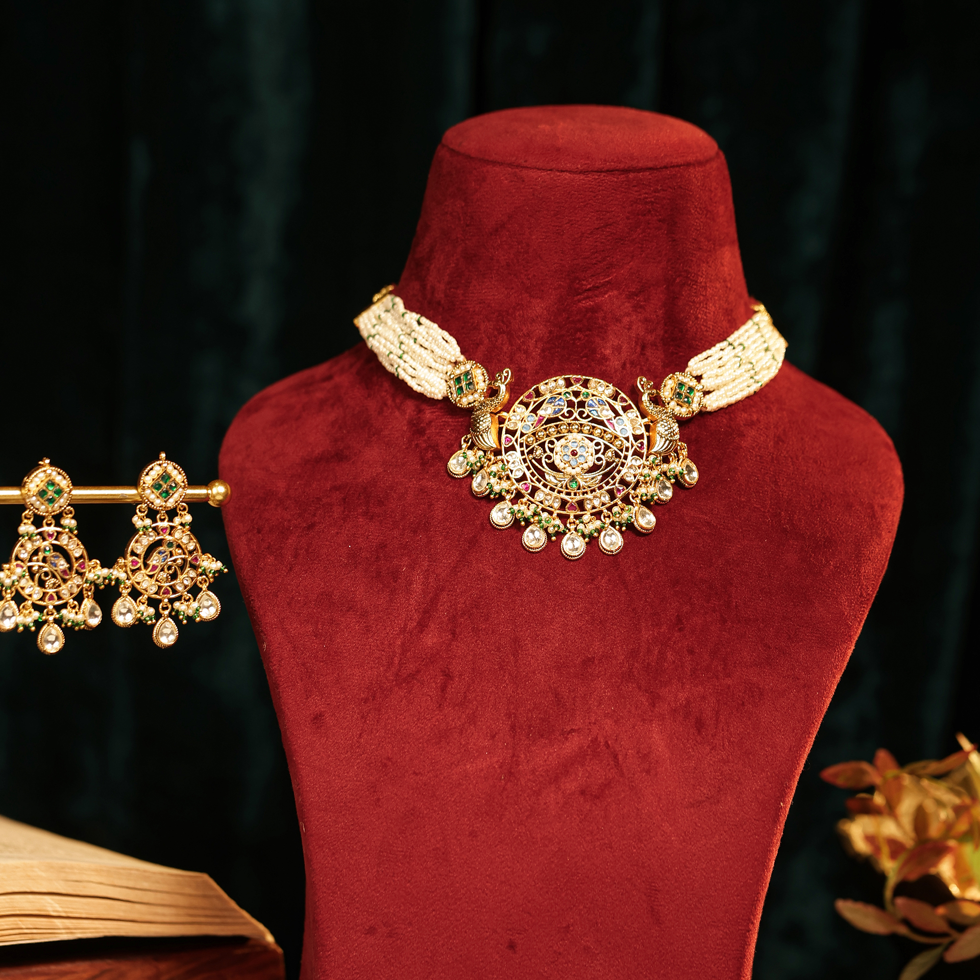 Gold Plated Jadau Kundan Circular Peacock Motif Choker Necklace Set with Pearls (TGJ-2002)
