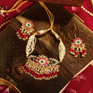 Heritage Style Ruby-Green Jadau Kundan Statement Choker & Earrings (TGJ-2011)