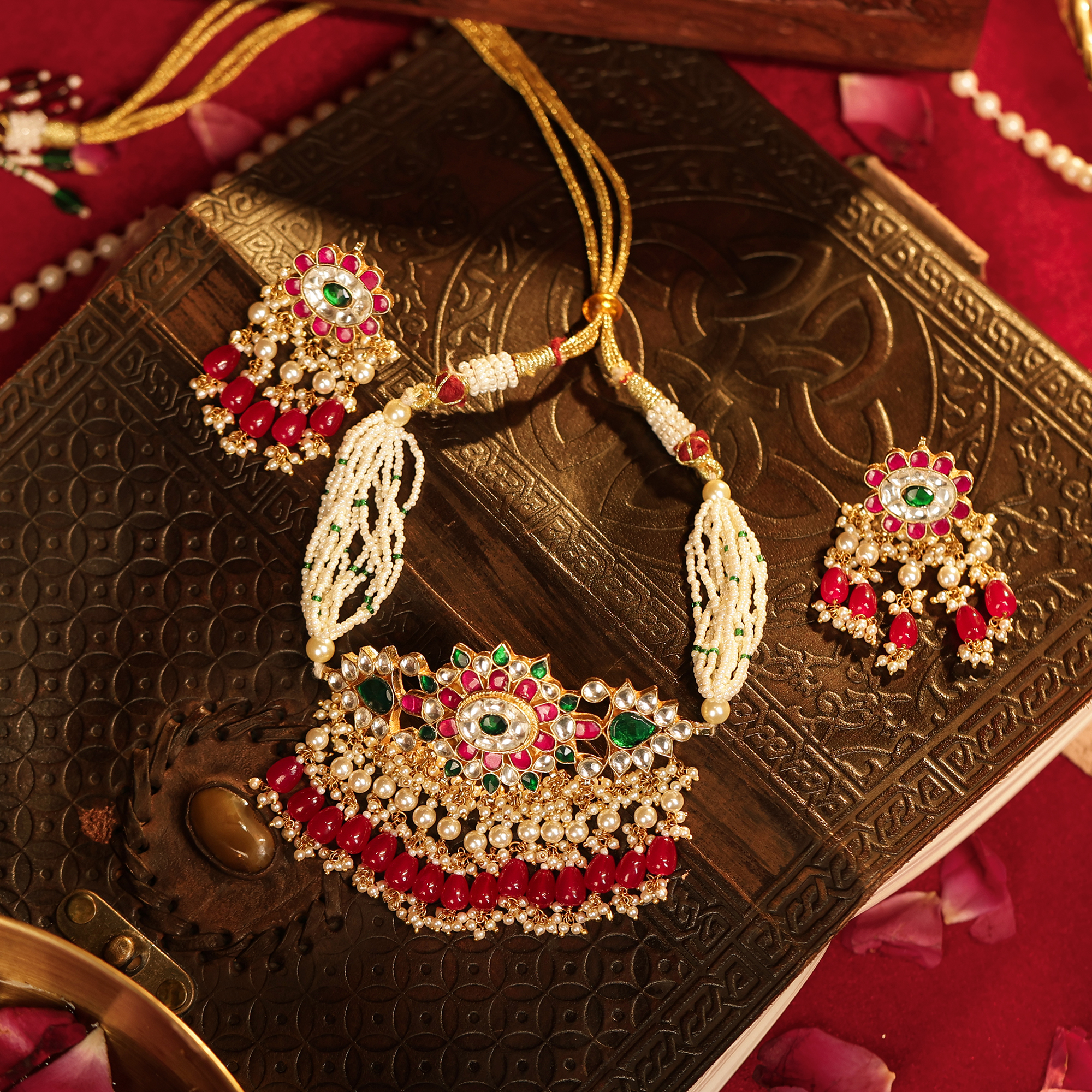 Heritage Style Ruby-Green Jadau Kundan Statement Choker & Earrings (TGJ-2011)