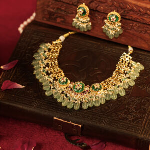 Mint Green Gold Plated Jadau Kundan Floral Choker with Earrings (TGJ-2012)