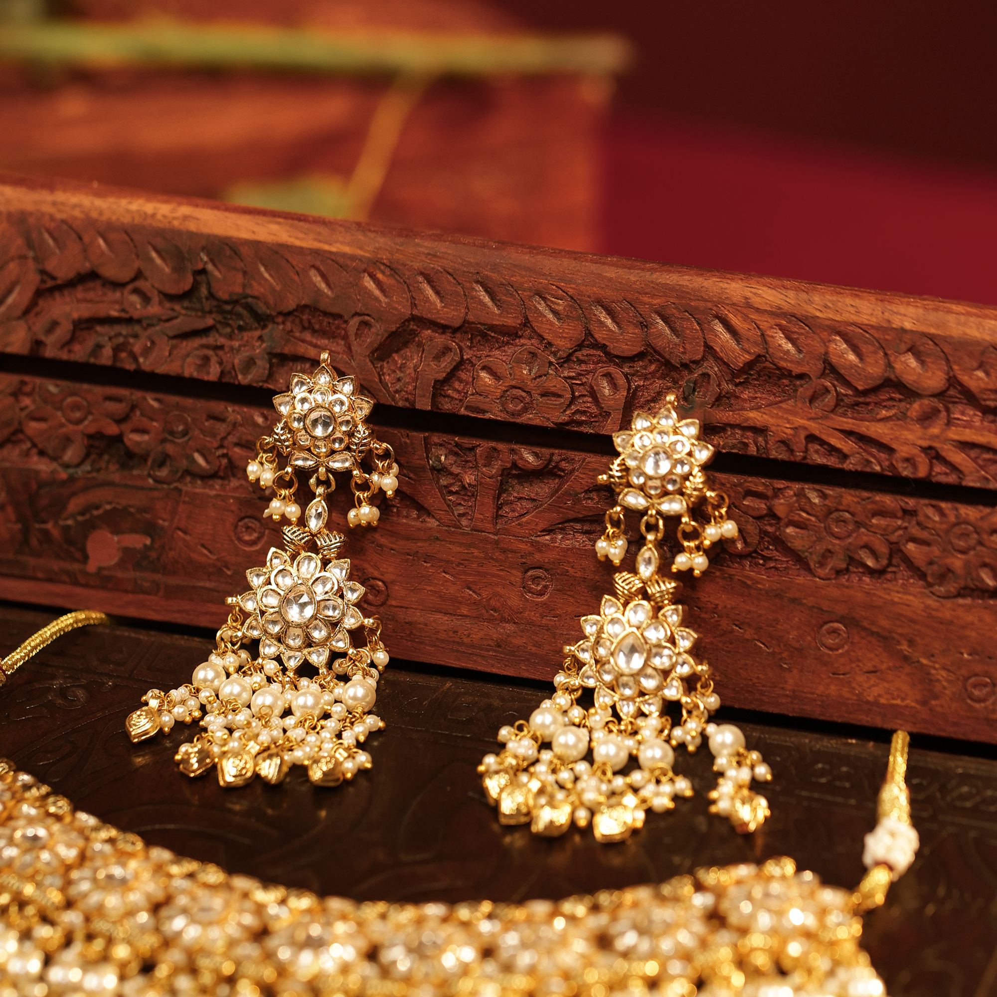 Royal Glow Jadau Kundan Floral Pearl Choker with Earrings (TGJ-2013) - Image 3