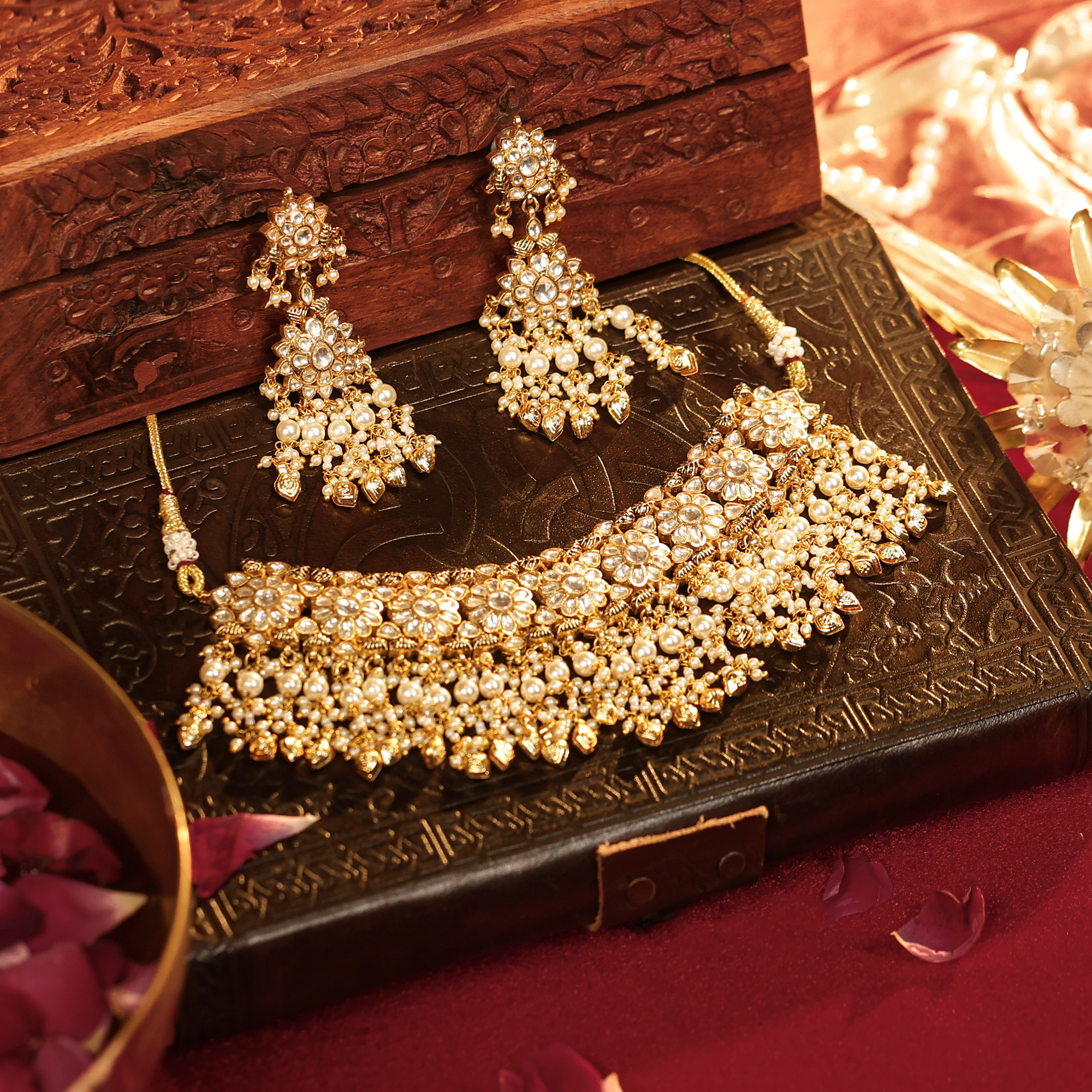 Royal Glow Jadau Kundan Floral Pearl Choker with Earrings (TGJ-2013)
