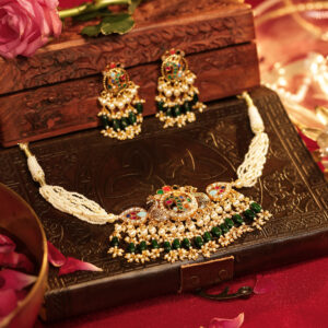 Regal Multi-Colour Peacock Jadau Kundan Bridal Choker with Green Drops & Earrings (TGJ-2014)