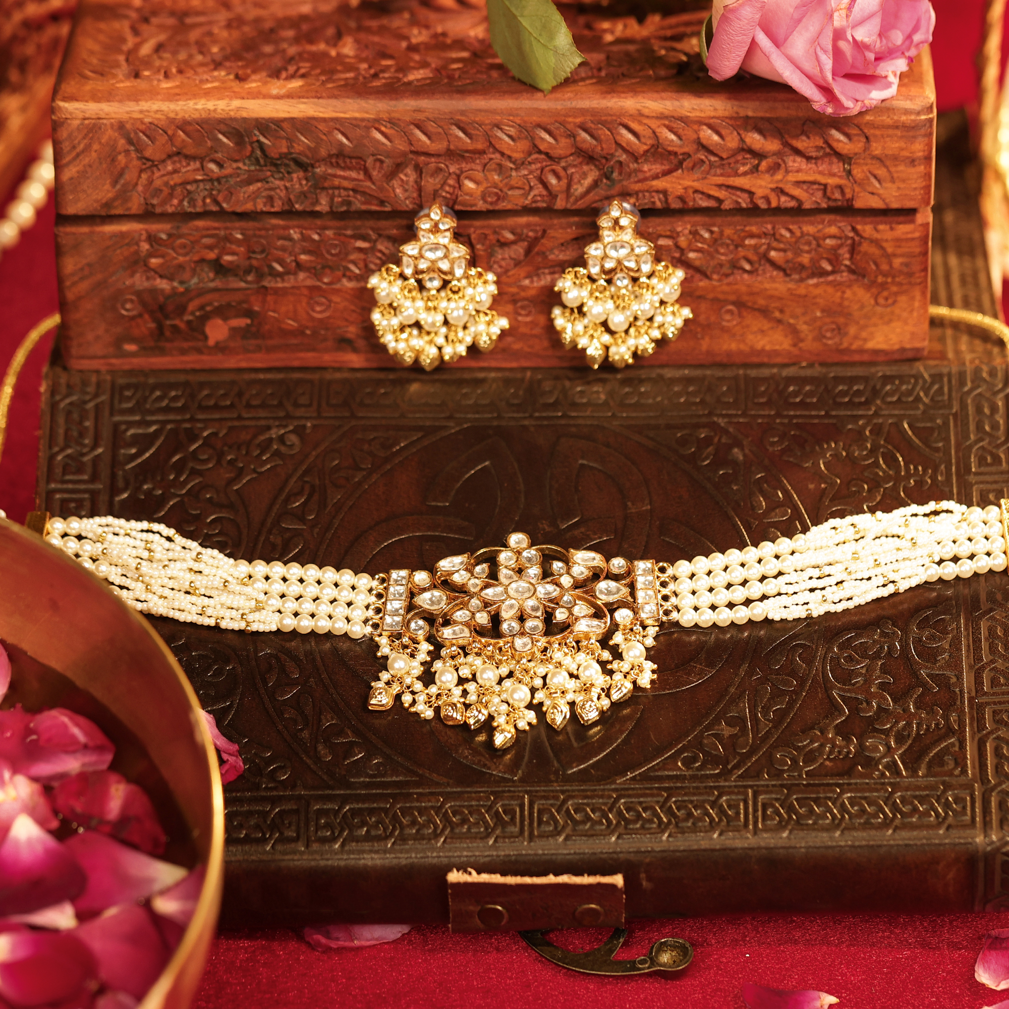 Royal Pearl-Cluster Jadau Kundan Choker with Gold Finish & Matching Earrings (TJG-2015)