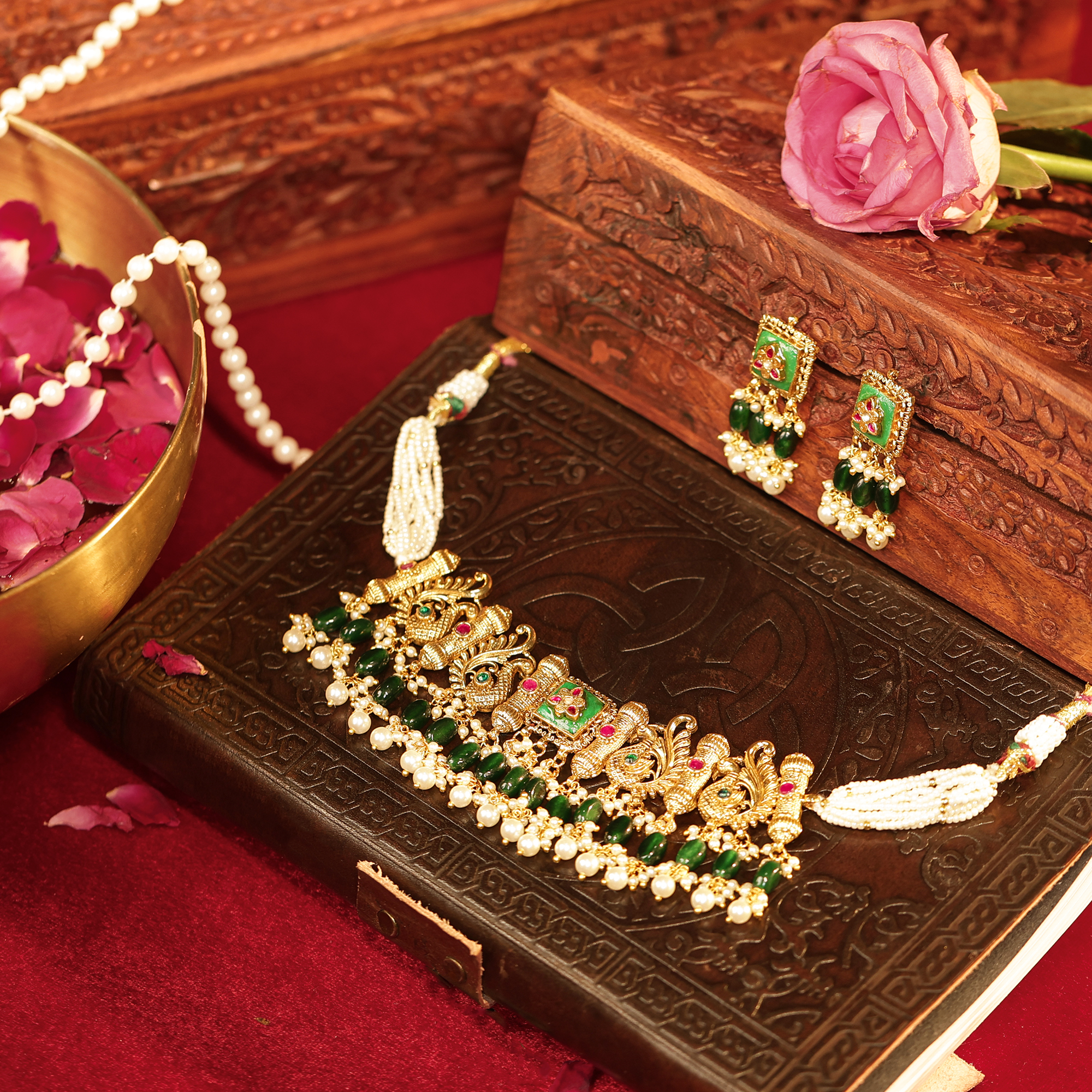 Handcrafted Jadau Kundan Choker with Green Beads & Floral Enamel Earrings (TGJ-2016)