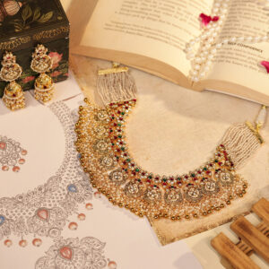 Royal Gold-Plated Jadau Kundan Bridal Choker with Multicolor Detailing & Jhumka Earrings (TGJ-2017)