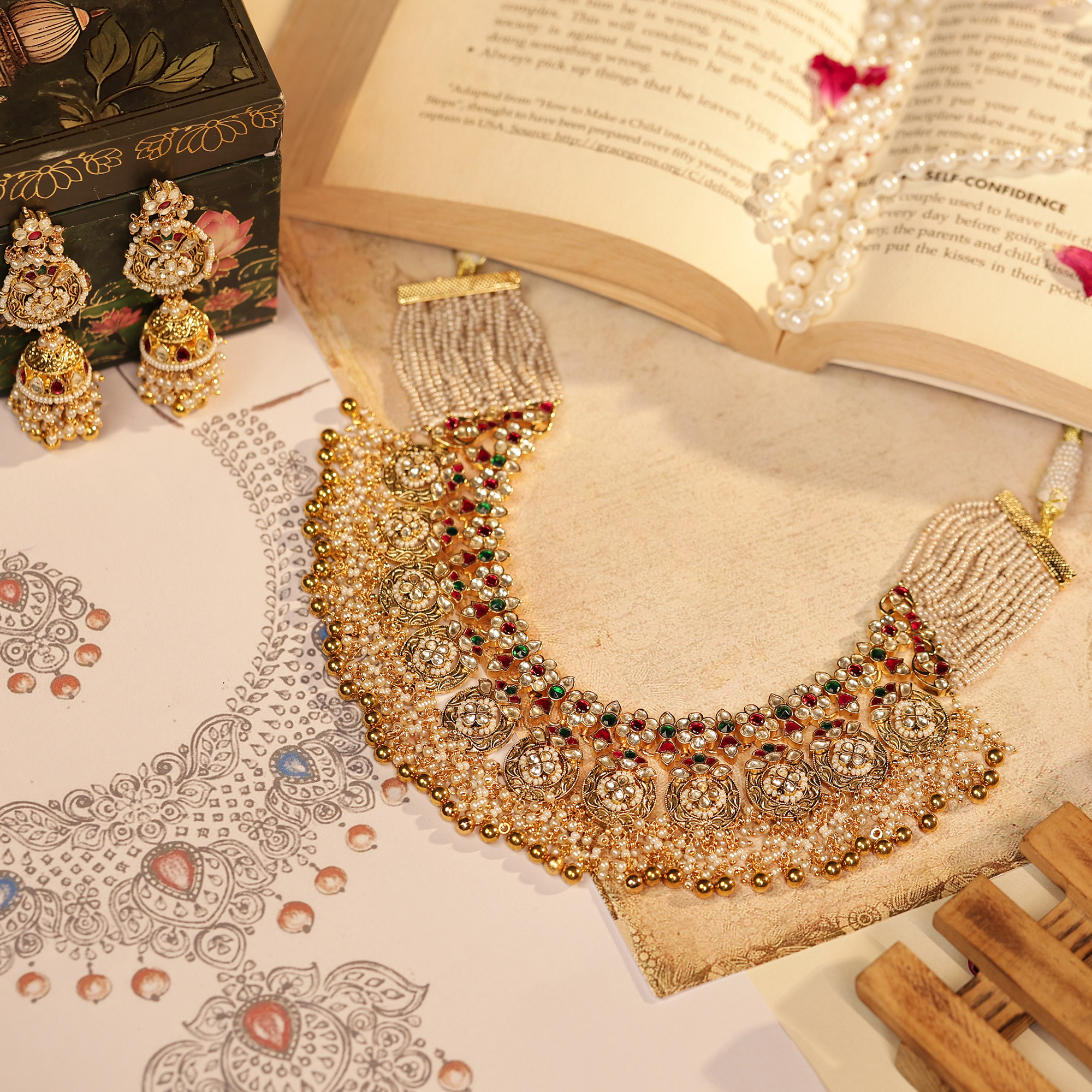 Royal Gold-Plated Jadau Kundan Bridal Choker with Multicolor Detailing & Jhumka Earrings (TGJ-2017)