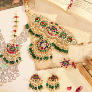 Royal Multicolour Jadau Kundan Bridal Necklace Set with Earrings (TGJ-2019)