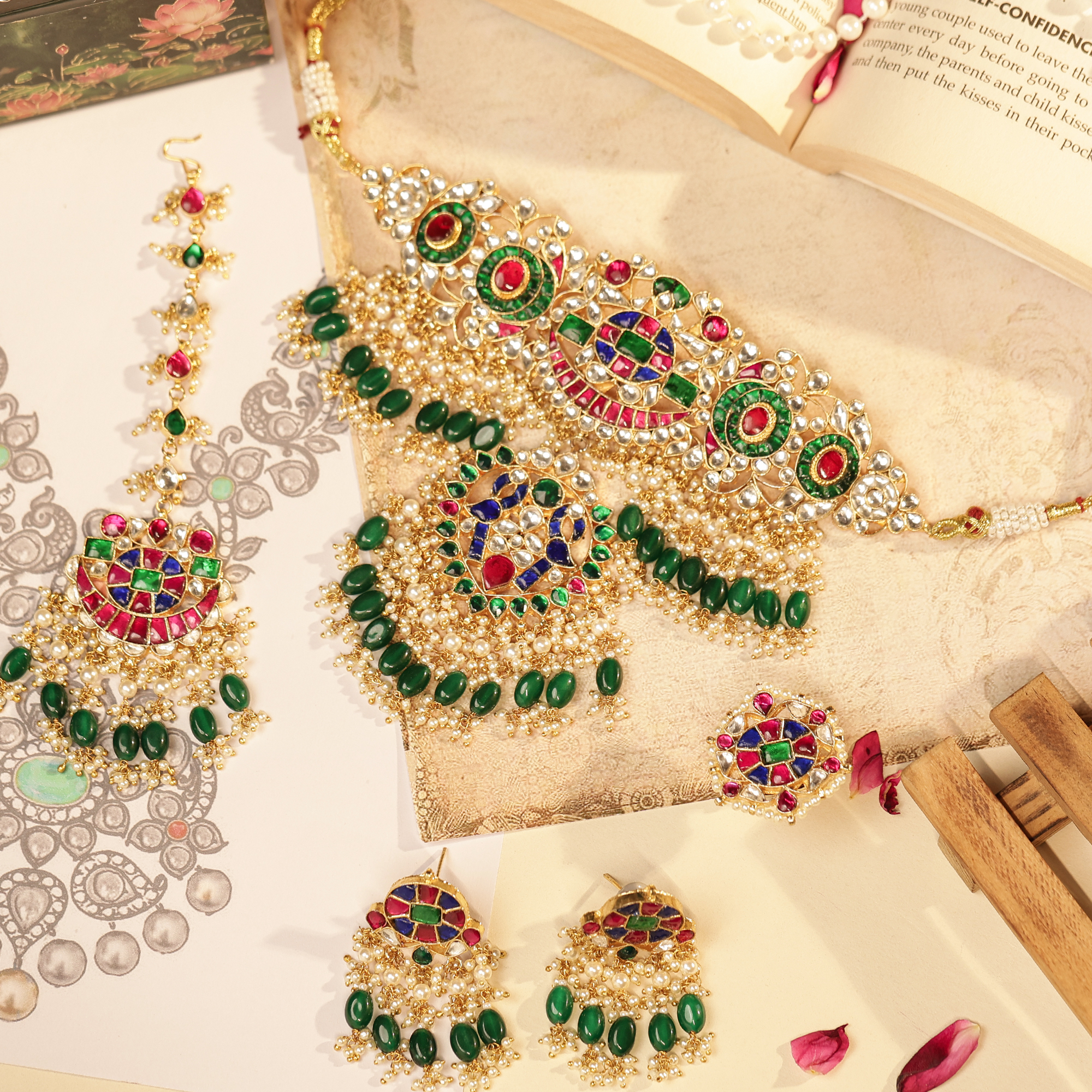Royal Multicolour Jadau Kundan Bridal Necklace Set with Earrings (TGJ-2019)