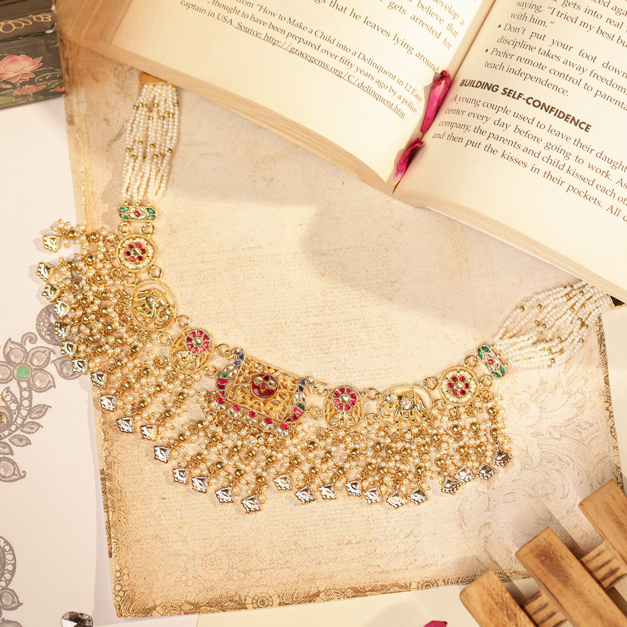 Heritage Gold Finish Jadau Kundan Necklace Set with Pearl Clusters & Earrings (TGJ-2020)