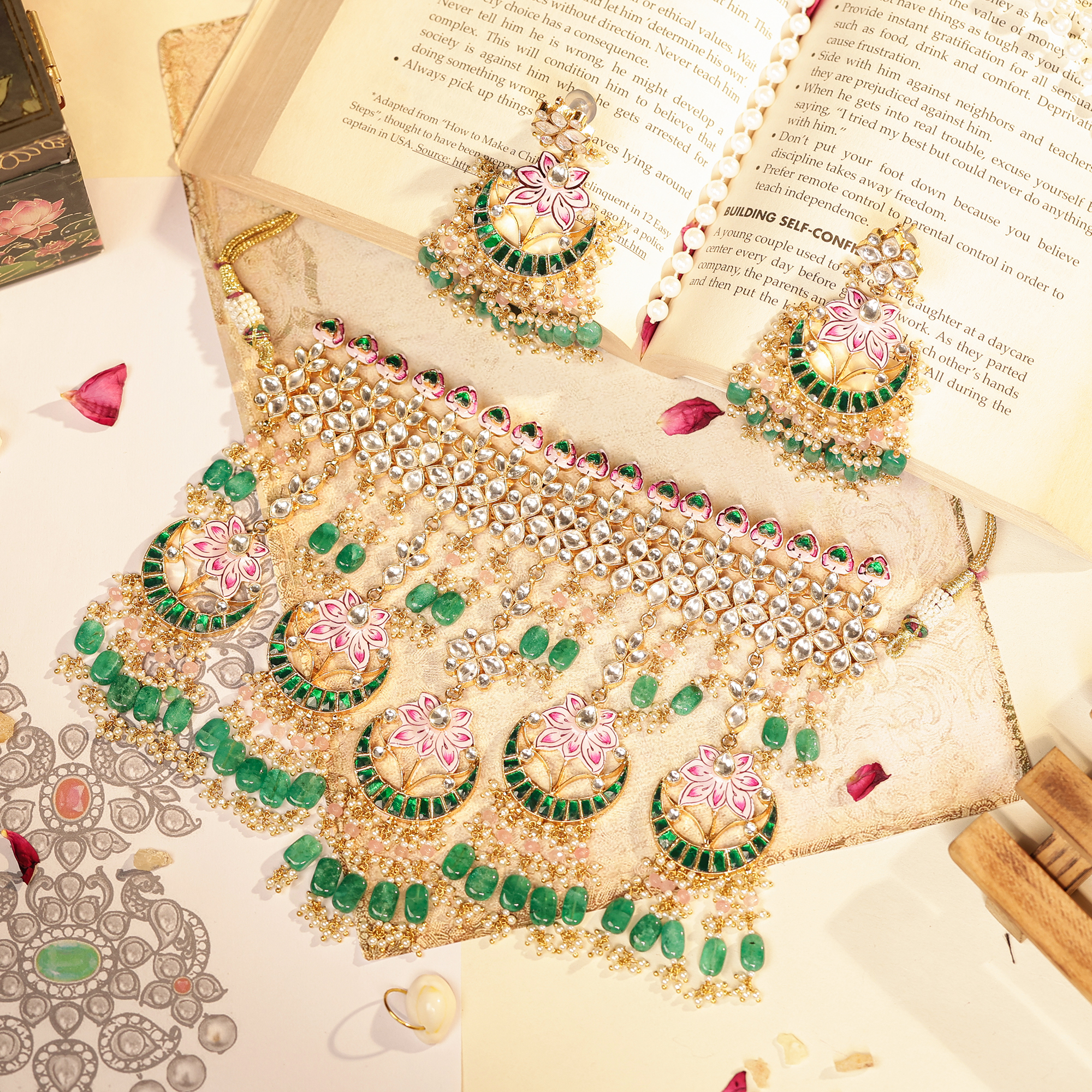 Premium Lotus Artwork Meenakari Jadau Choker with Semi-Precious Beads Earrings (TGJ-2022)