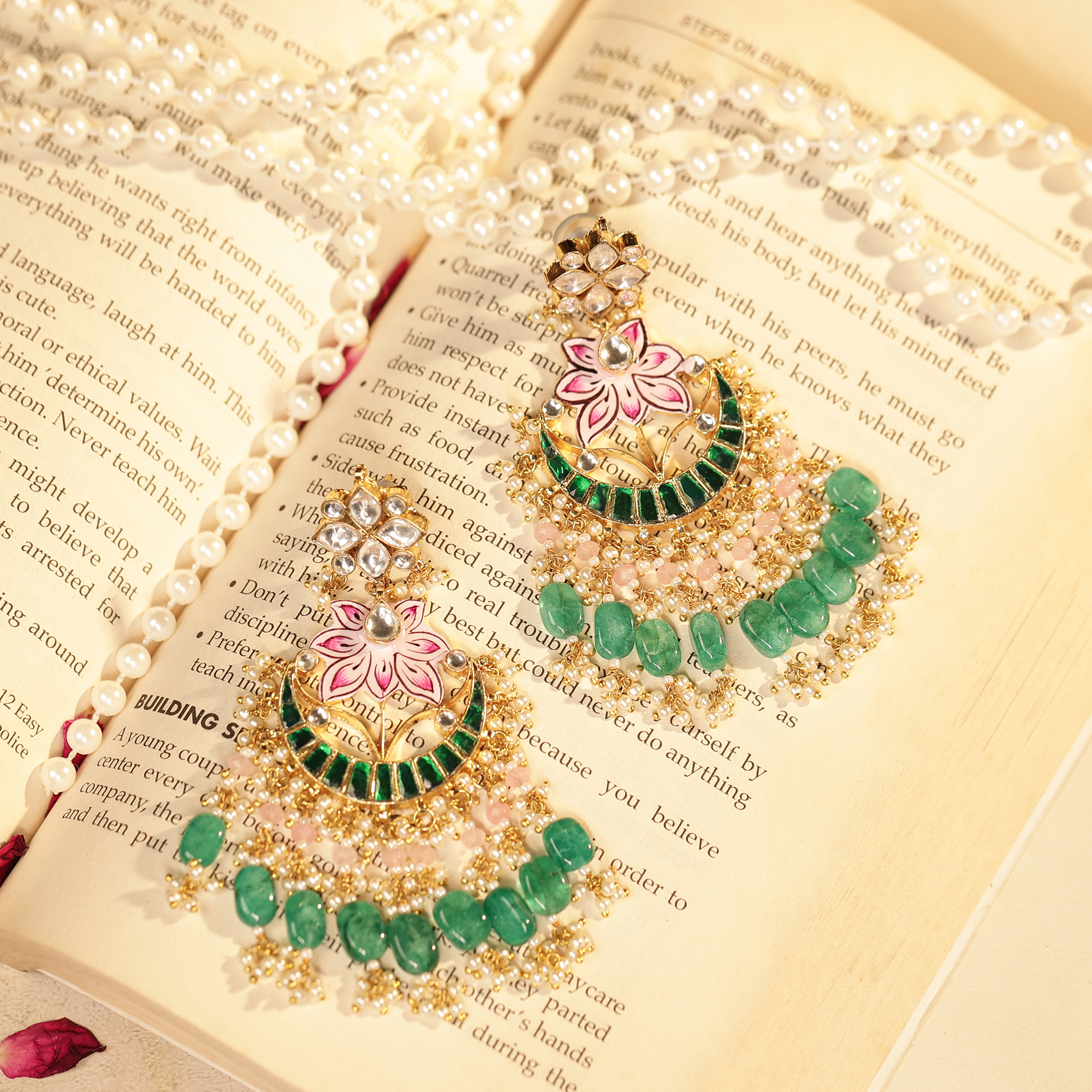 Premium Lotus Artwork Meenakari Jadau Choker with Semi-Precious Beads Earrings (TGJ-2022) - Image 3