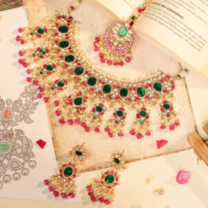 Royal Green & Ruby Jadau Kundan Choker with Pearl Drops (TGJ-2023)