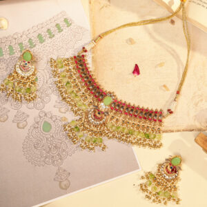 Traditional Red Meenakari Jadau Choker with Semi-Precious Jade Stones Earrings (TGJ-2025)