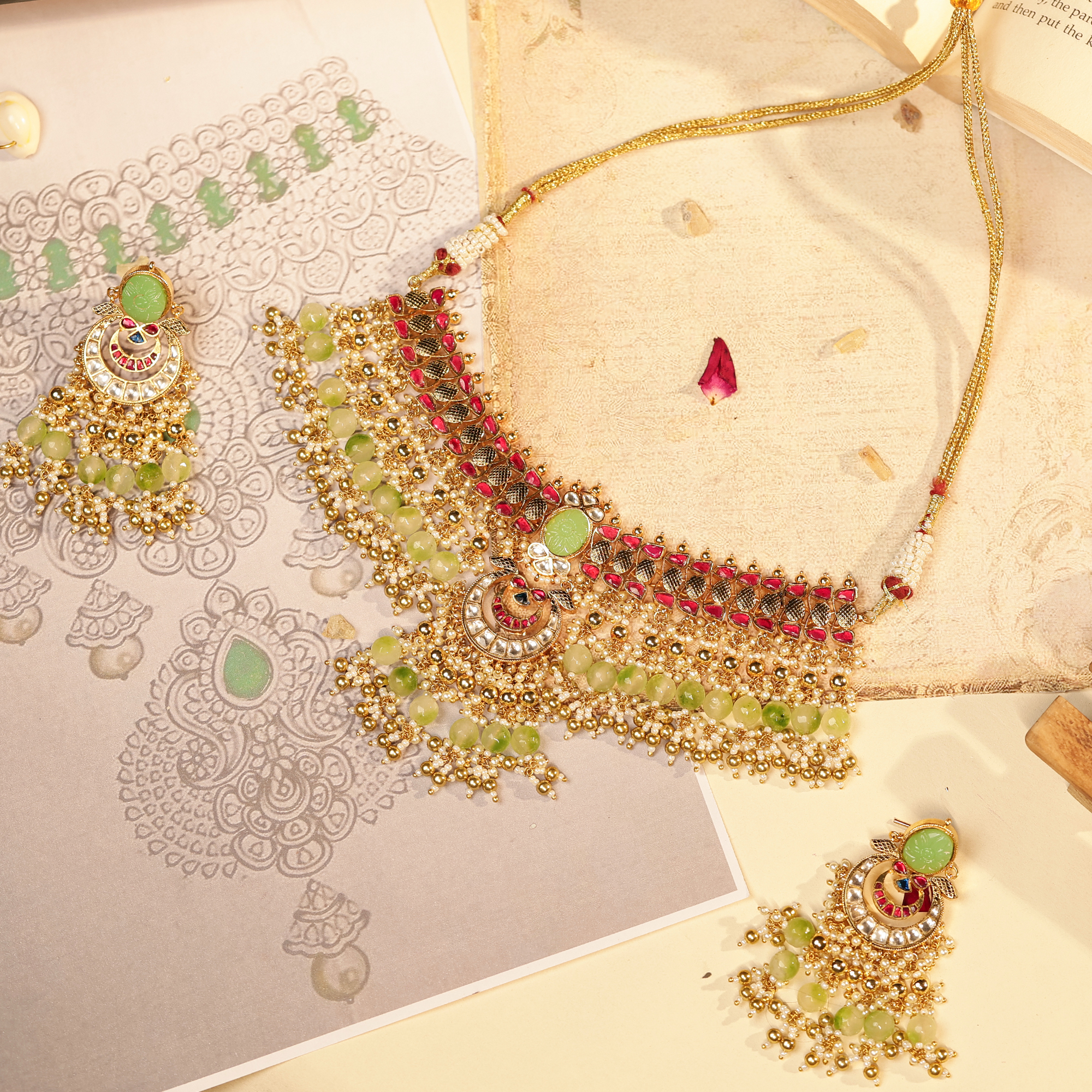 Traditional Red Meenakari Jadau Choker with Semi-Precious Jade Stones Earrings (TGJ-2025)