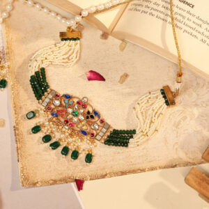 Multicolour Meenakari Jadau Choker with Emerald Pearl Drops Earrings (TGJ-2026)