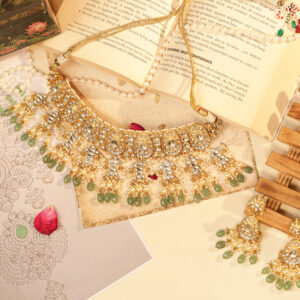 Classic Pearl-Edged Kundan Choker with Semi-Precious Emerald Beads (TGJ-2027)