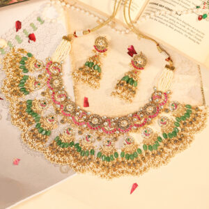 Heavy Jadau Kundan Choker with Multicolor Meenakari & Green Drops (TGJ-2028)