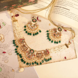 Indian Traditional Bridal Choker with Earrings in Gold Finish with Jadau & Meenakari (TGJ-2030)