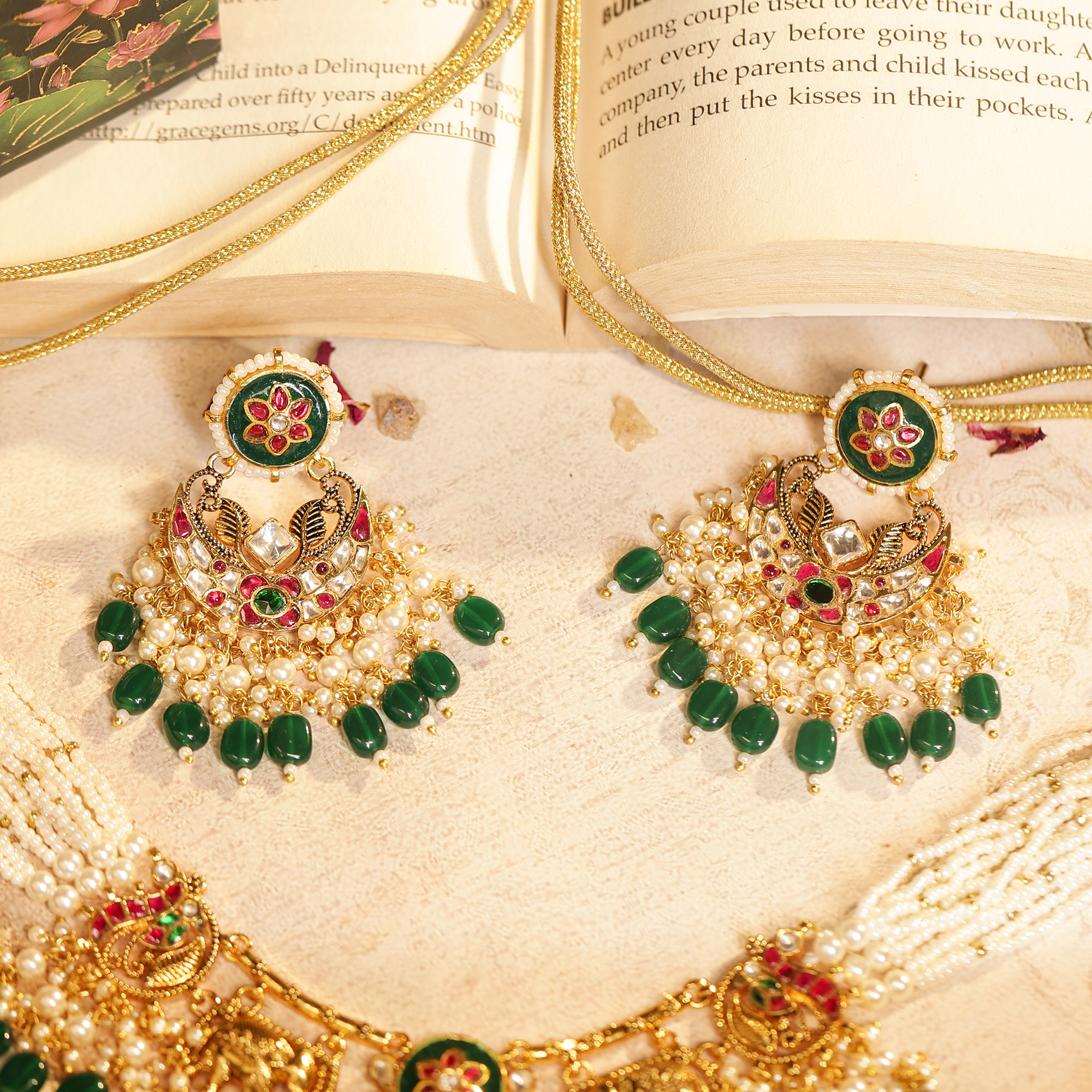 Indian Traditional Bridal Choker with Earrings in Gold Finish with Jadau & Meenakari (TGJ-2030) - Image 3