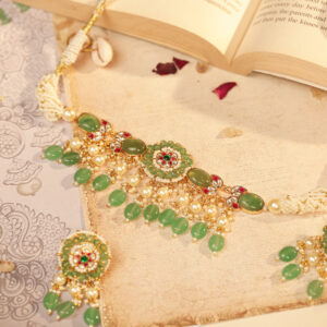 Green Jade Pearl-Embellished Multicolor Jadau Kundan Necklace Set (TGJ-2032)