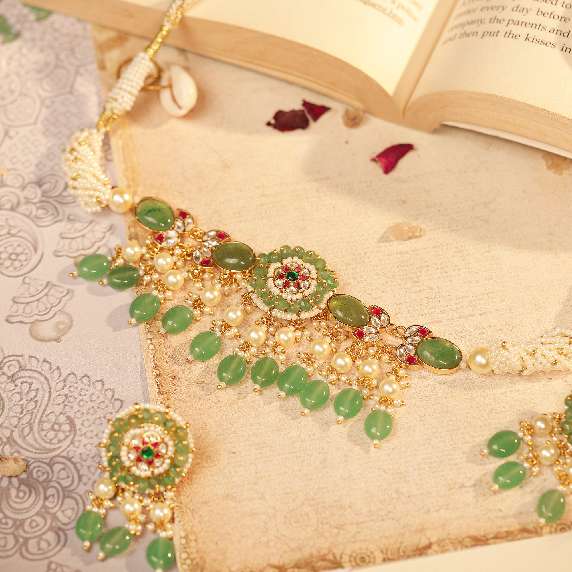 Green Jade Pearl-Embellished Multicolor Jadau Kundan Necklace Set (TGJ-2032)