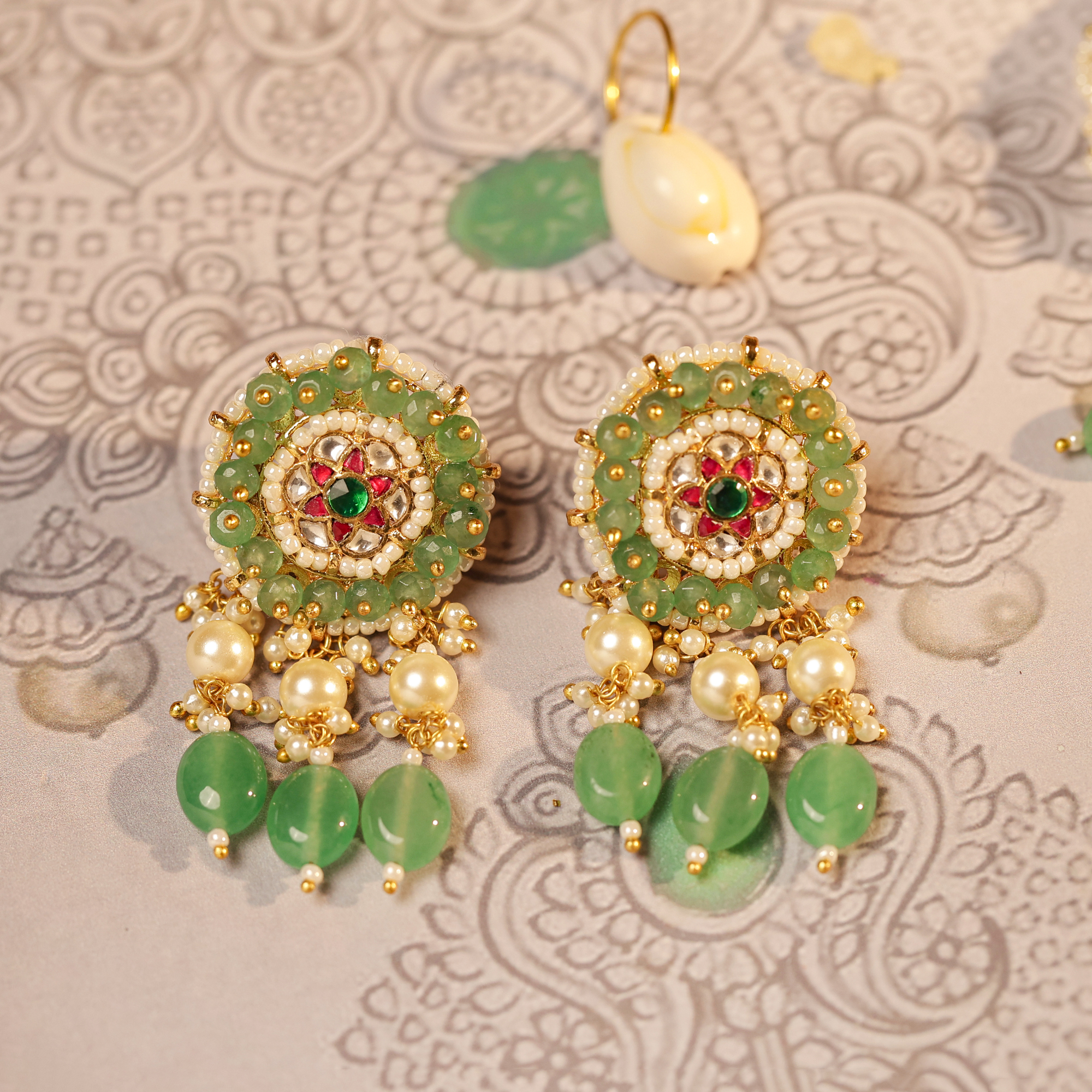 Green Jade Pearl-Embellished Multicolor Jadau Kundan Necklace Set (TGJ-2032) - Image 3