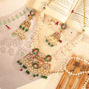 Heritage Green-Meenakari Temple Jadau Choker with Pearls & Matching Earrings (TGJ-2034)