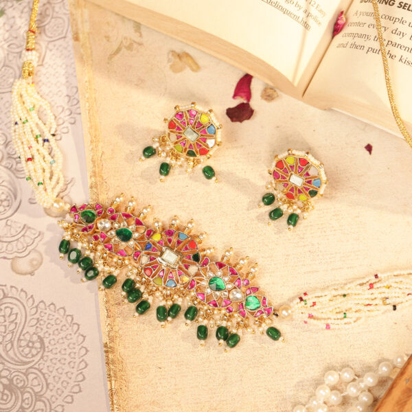 Indian Multicolour Meenakari Jadau Choker with Green Beads & Statement Earrings (TGJ-2036)