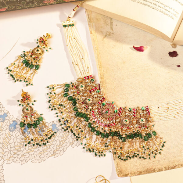 Ruby-Green Temple Jadau Layered Heavy Choker with Pearls & Long Dangle Earrings (TGJ-2037)
