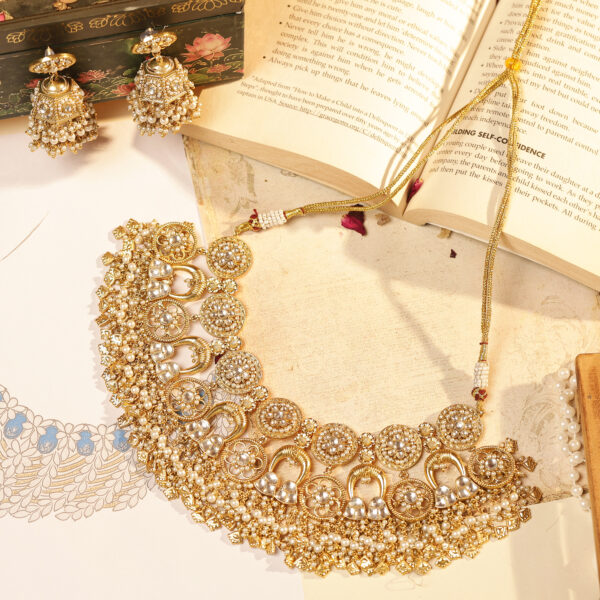 Elegant Royal Gold Jadau Choker Set with Stunning Pearl & Traditional Jhumkas (TGJ-2038)